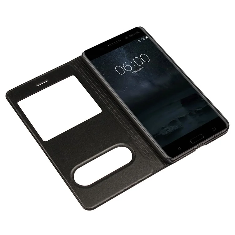 Dual View Window Slim Leather Protective Case for Nokia 6 (2017) - Black