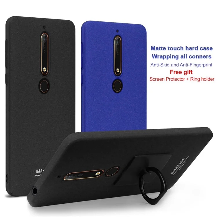 IMAK Cowboy Shell Matte Hard PC Back Cover with Ring Stand + Screen Film for Nokia 6.1 (5.5-inch) - Black