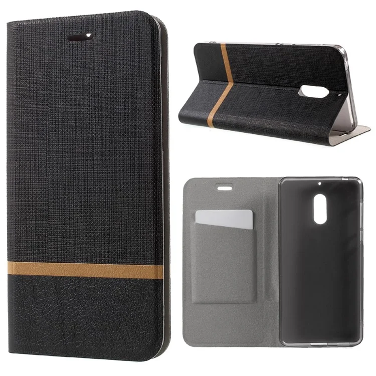 Bi-color Cross Texture Leather Stand Phone Case for Nokia 6 Built-in Steel Sheet - Black