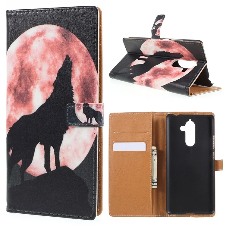 Pattern Printing Leather Wallet Stand Case for Nokia 7 plus - Wolf Howling at the Moon