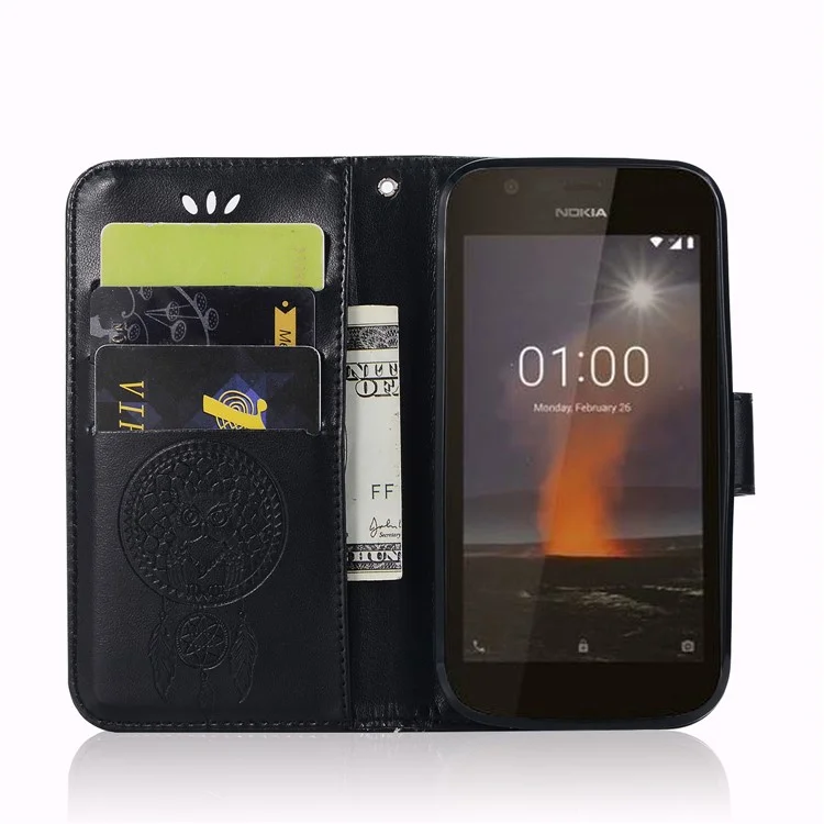 Imprint Owl Dream Catcher Wallet Stand Leather Case for Nokia 1 - Black