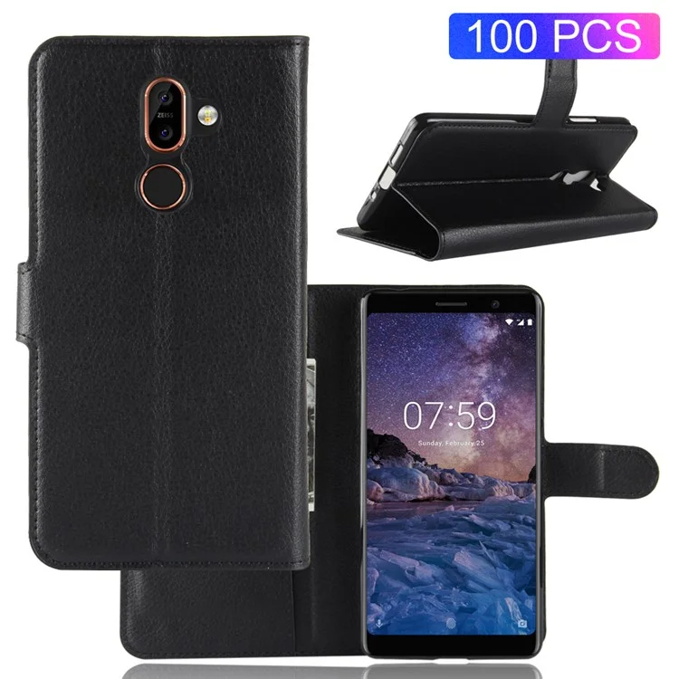 100Pcs/Set Litchi Grain Wallet Stand Leather Case for Nokia 7 plus - Black