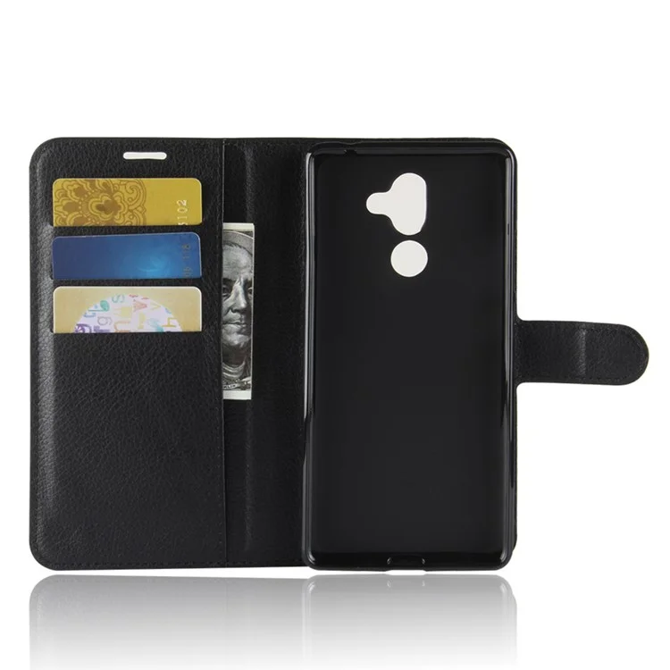 100Pcs/Set Litchi Grain Wallet Stand Leather Case for Nokia 7 plus - Black
