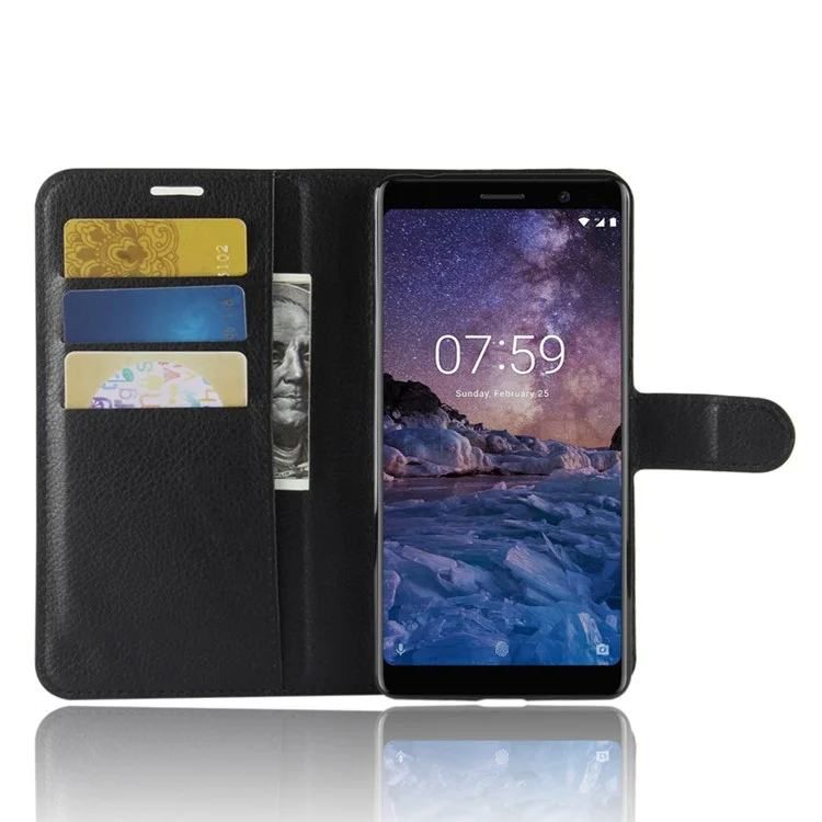 100Pcs/Set Litchi Grain Wallet Stand Leather Case for Nokia 7 plus - Black