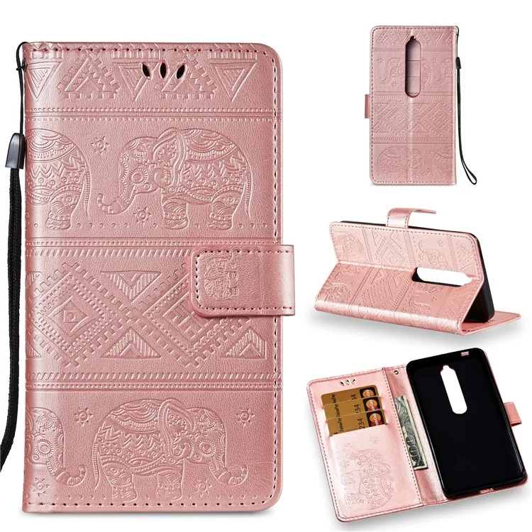 Imprinted Elephant Flip Leather Wallet Stand Case for Nokia 6.1 (5.5-inch) - Rose Gold
