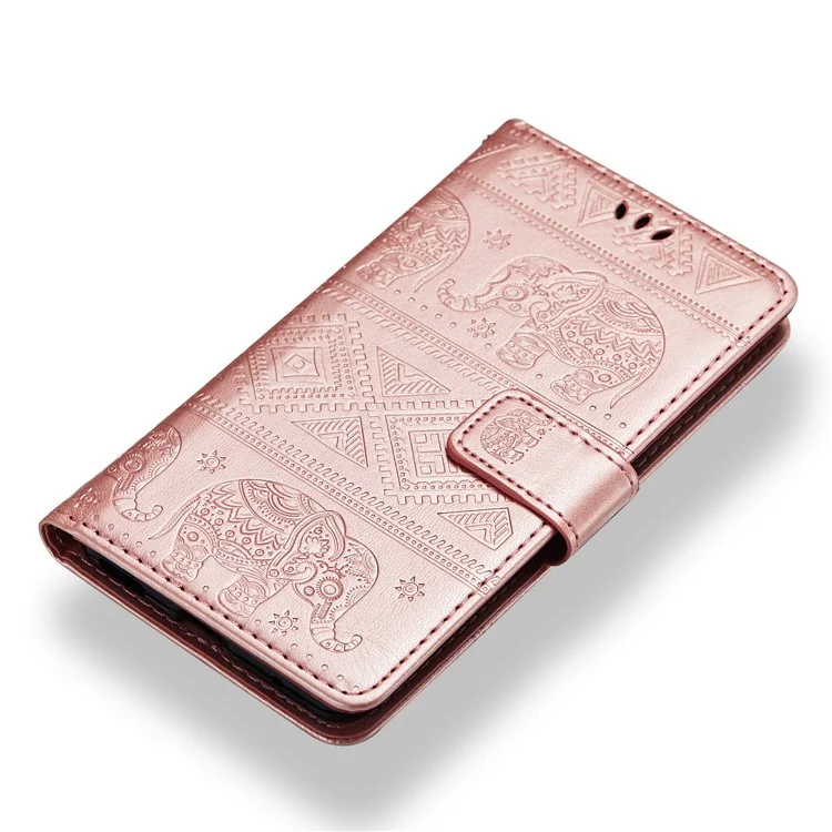 Imprinted Elephant Flip Leather Wallet Stand Case for Nokia 6.1 (5.5-inch) - Rose Gold