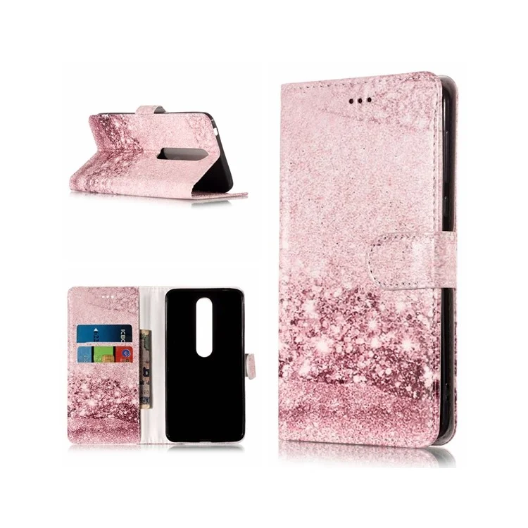 For Nokia 6.1 (5.5-inch) Pattern Printing Leather Wallet Case with Stand - Glittering Rose Gold