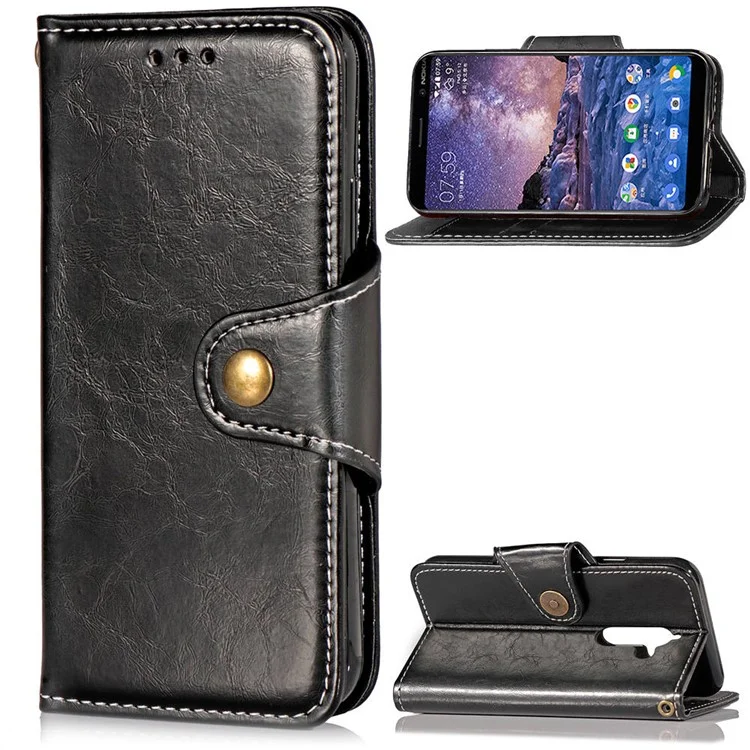 Business Style Vintage Leather Wallet Stand Casing for Nokia 7 plus with Strap - Black