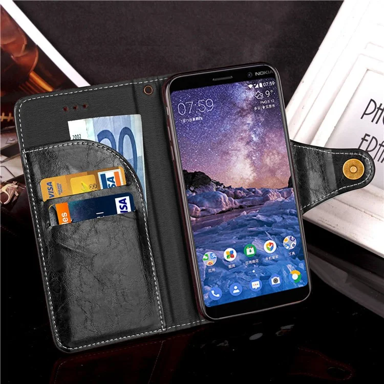Business Style Vintage Leather Wallet Stand Casing for Nokia 7 plus with Strap - Black