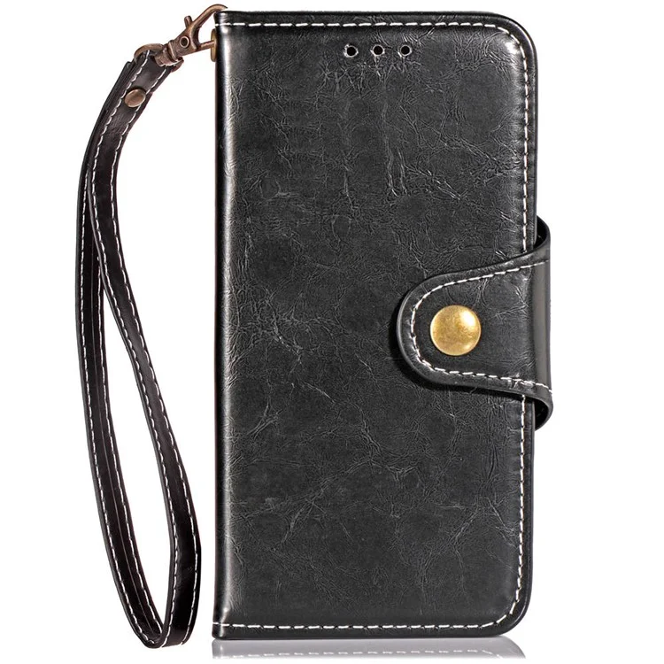 Business Style Vintage Leather Wallet Stand Casing for Nokia 7 plus with Strap - Black