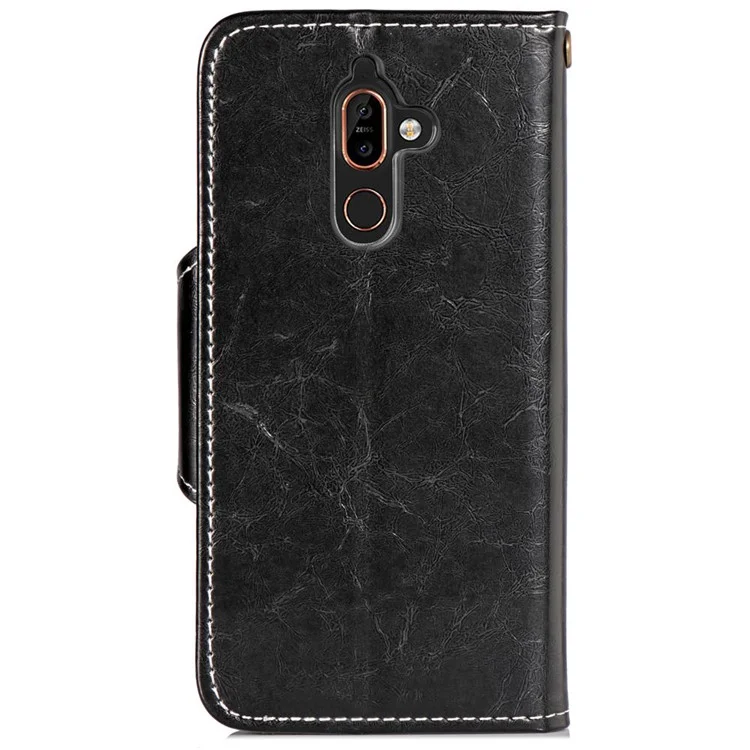 Business Style Vintage Leather Wallet Stand Casing for Nokia 7 plus with Strap - Black