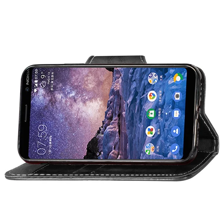 Business Style Vintage Leather Wallet Stand Casing for Nokia 7 plus with Strap - Black