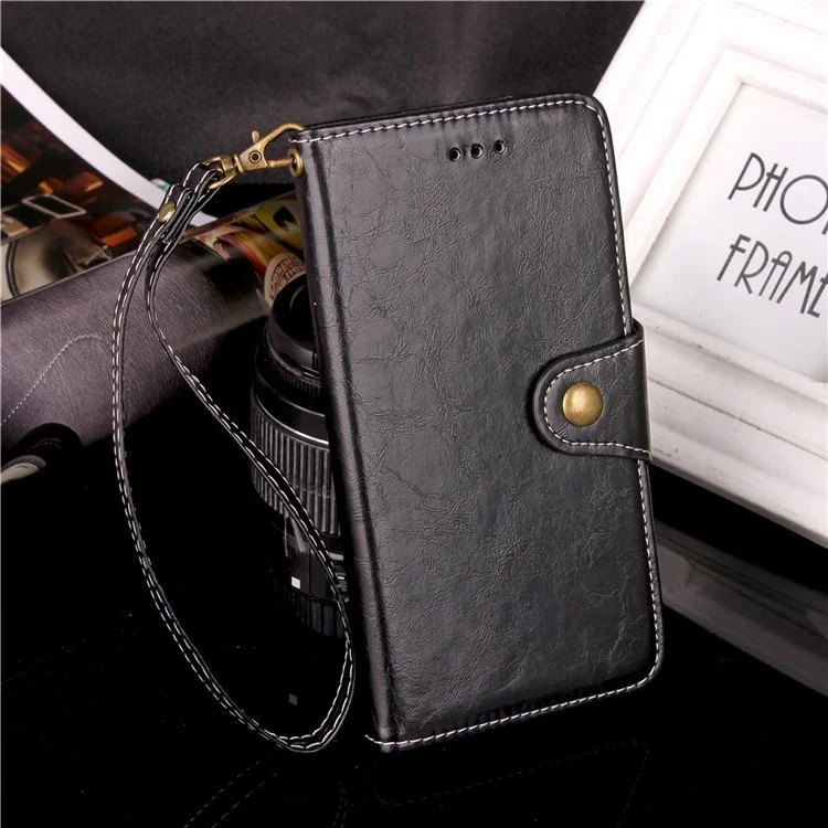 Business Style Vintage Leather Wallet Stand Casing for Nokia 7 plus with Strap - Black