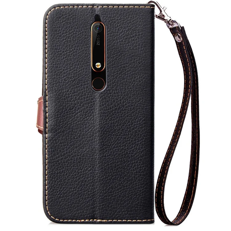 Black - Leaf Shape Magnetic Flap PU Leather Wallet Stand Phone Case Cover for Nokia 6.1 (5.5-inch)