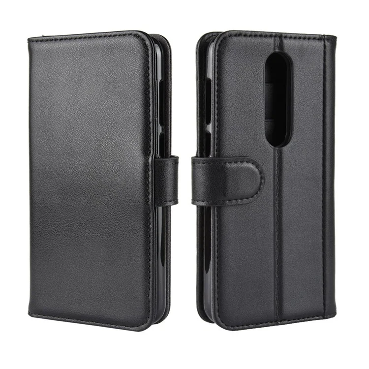 Genuine Split Leather Wallet Stand Cellphone Case for Nokia 6.1 Plus / X6 - Black