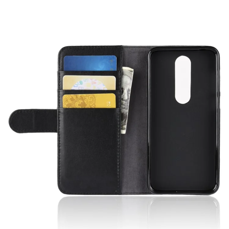 Genuine Split Leather Wallet Stand Cellphone Case for Nokia 6.1 Plus / X6 - Black