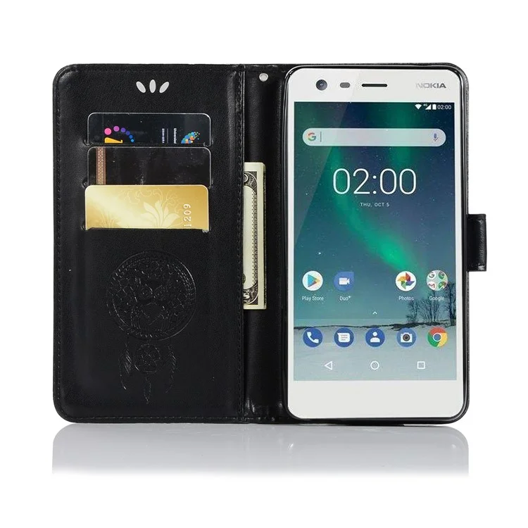 For Nokia 2.1 Imprint Owl Dream Catcher Wallet Stand Leather Case - Black
