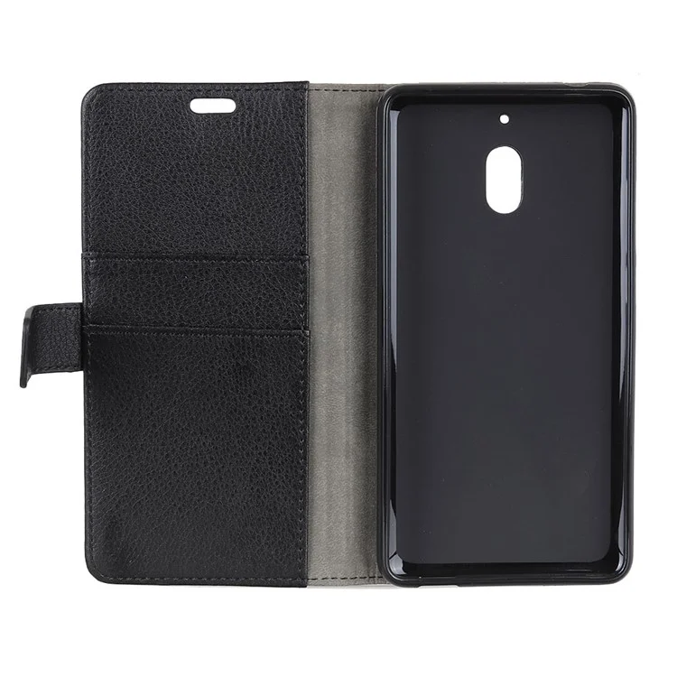 Litchi Skin PU Leather Wallet Stand Folio Casing for Nokia 2.1 - Black