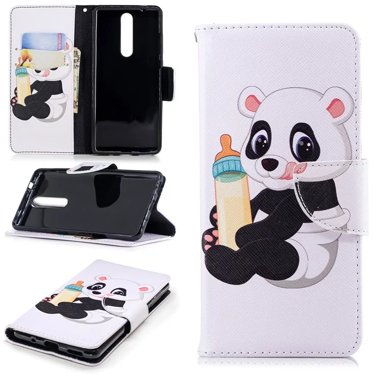 Pattern Printing Wallet Stand Leather Protective Case for Nokia 5.1 - Panda Holding a Bottle