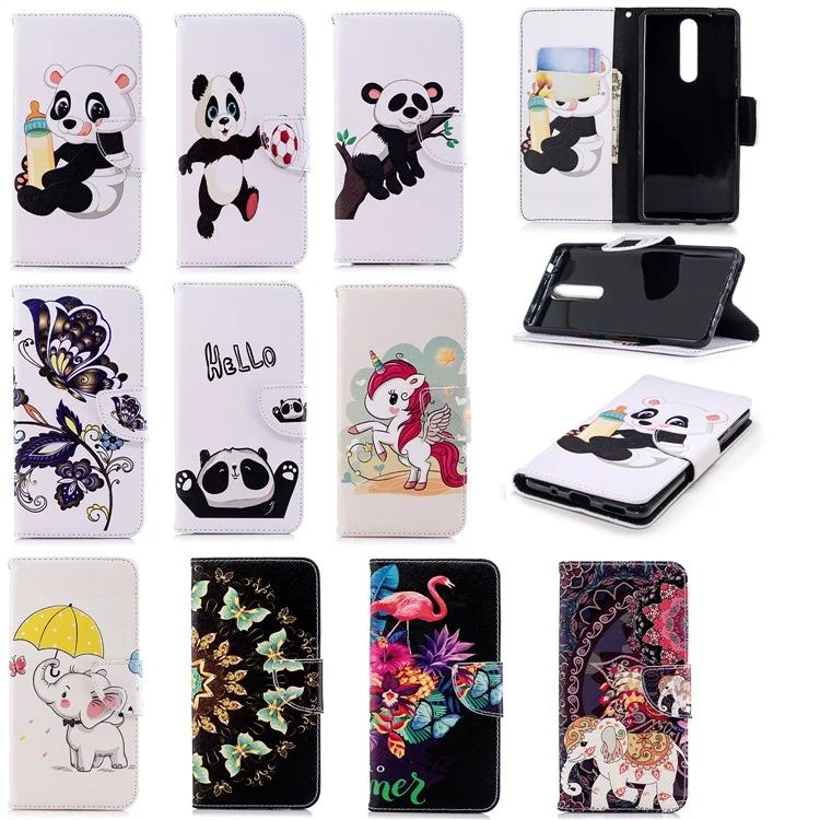 Pattern Printing Wallet Stand Leather Protective Case for Nokia 5.1 - Panda Holding a Bottle