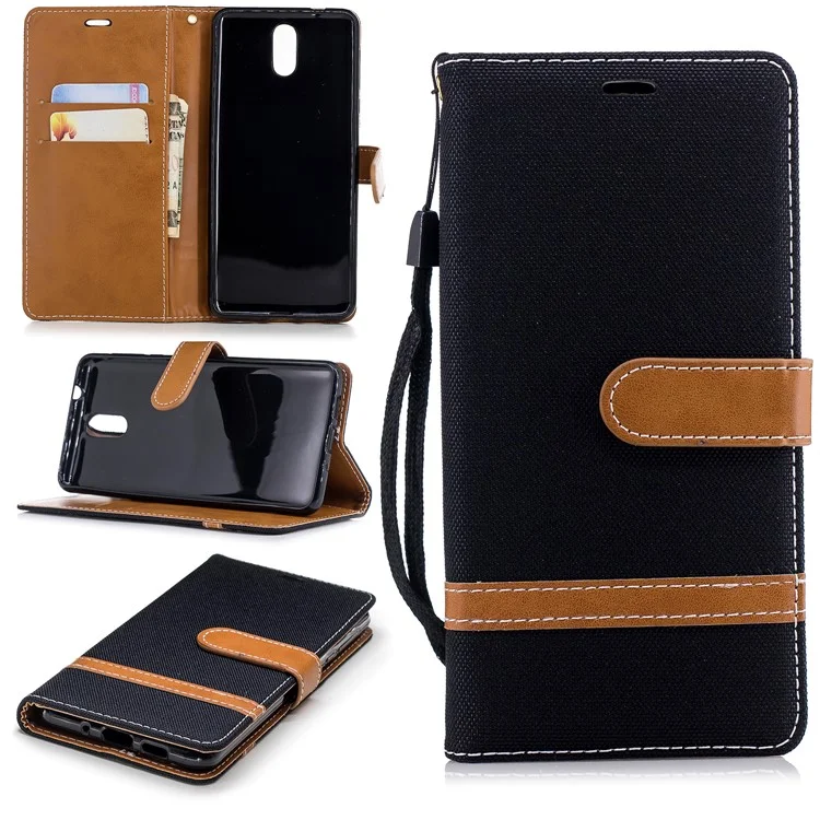 Assorted Color Jeans Cloth Wallet Stand Leather Case for Nokia 3.1 - Black