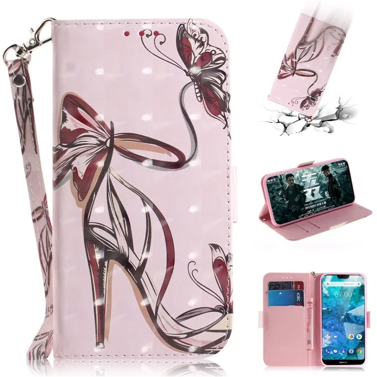 For Nokia 7.1 Patterned Leather Mobile Case [Wallet] [Stand] [Light Spot Decor] - High Heel Sandal