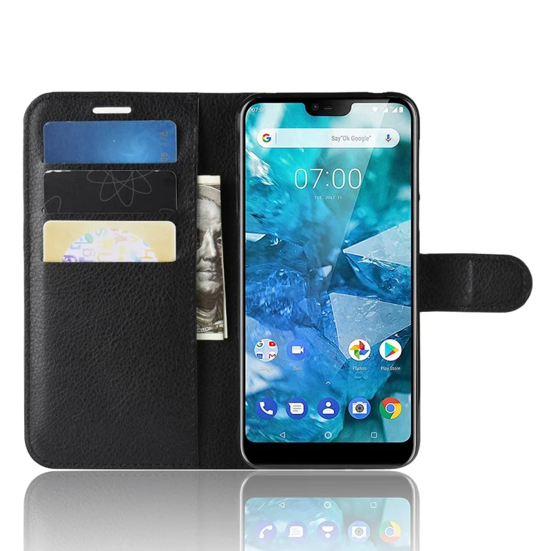 Litchi Skin PU Leather Cell Phone Case for Nokia 7.1 - Black