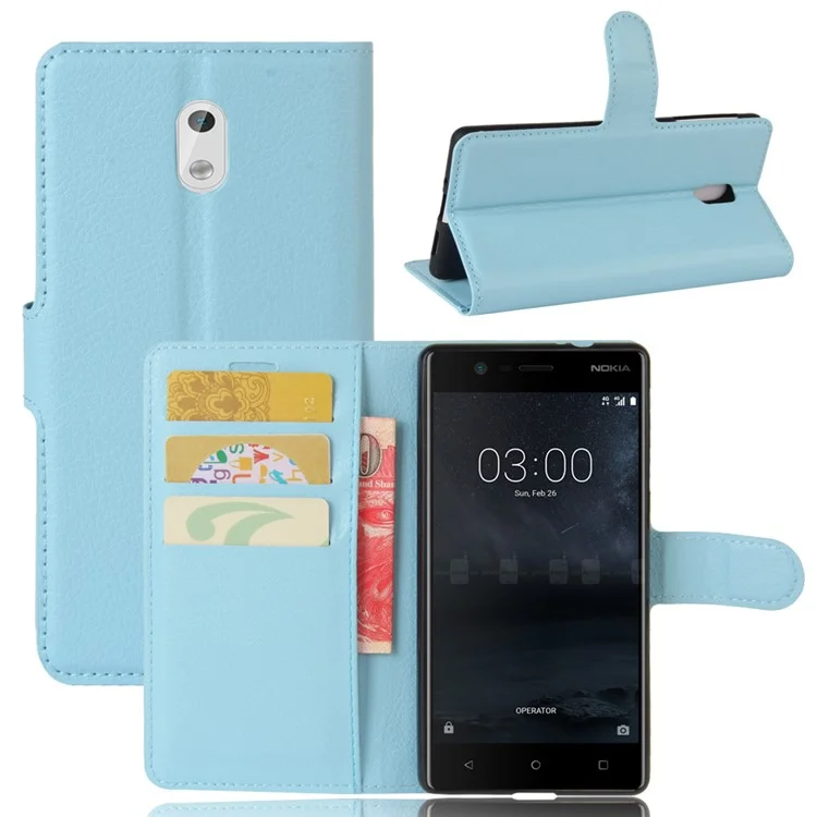 Lychee Skin Stand Leather Wallet Case for Nokia 3 - Baby Blue