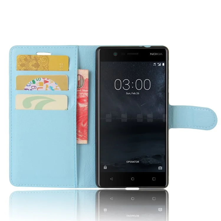 Lychee Skin Stand Leather Wallet Case for Nokia 3 - Baby Blue