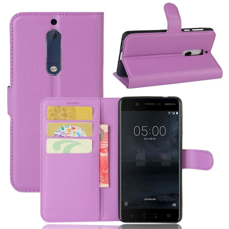 Litchi Skin Leather Stand Case with Card Slots for Nokia 5 Wallet Design Phone Accessory - Purple
