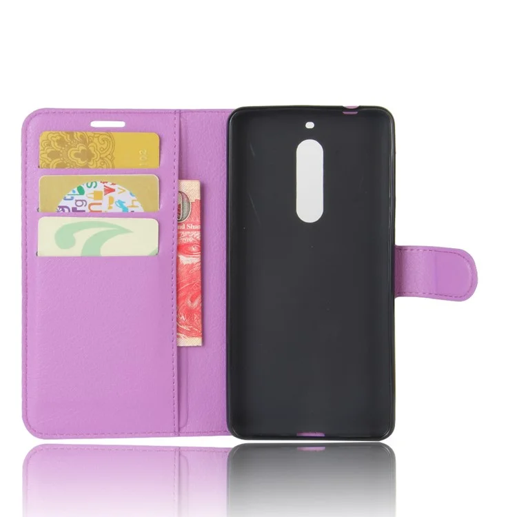 Litchi Skin Leather Stand Case with Card Slots for Nokia 5 Wallet Design Phone Accessory - Purple