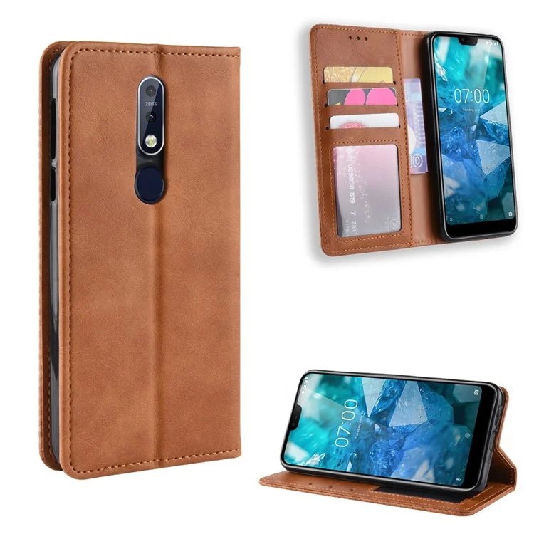 Vintage Style Leather Wallet Case for Nokia 7.1 - Brown
