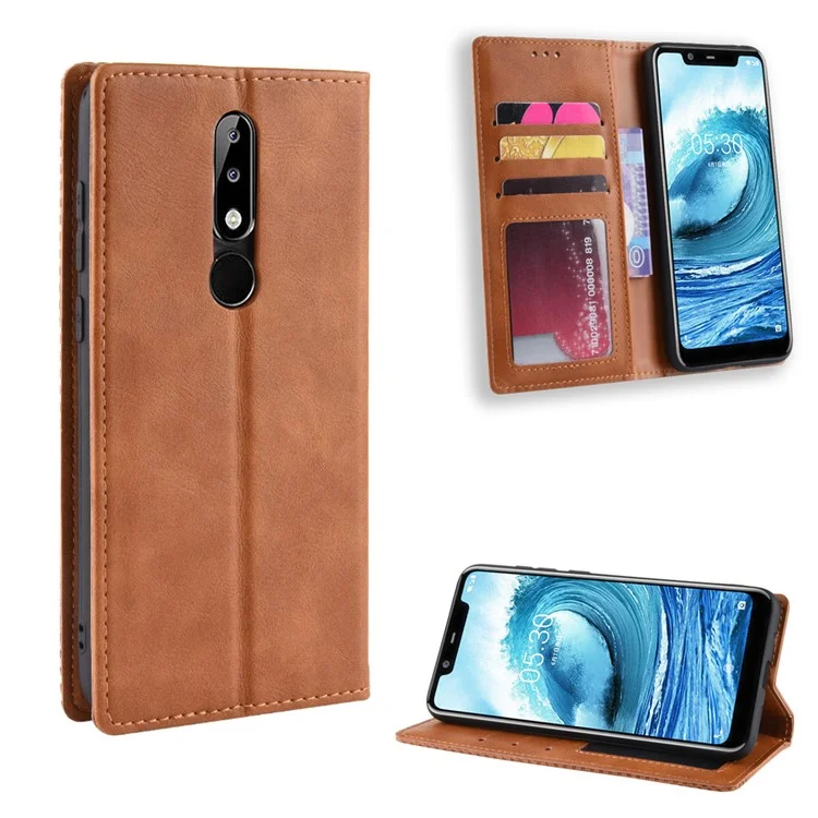 Coque de Portefeuille en Cuir Rétro en Cuir Automatique Pour Nokia 5.1 Plus / x5 - Brun