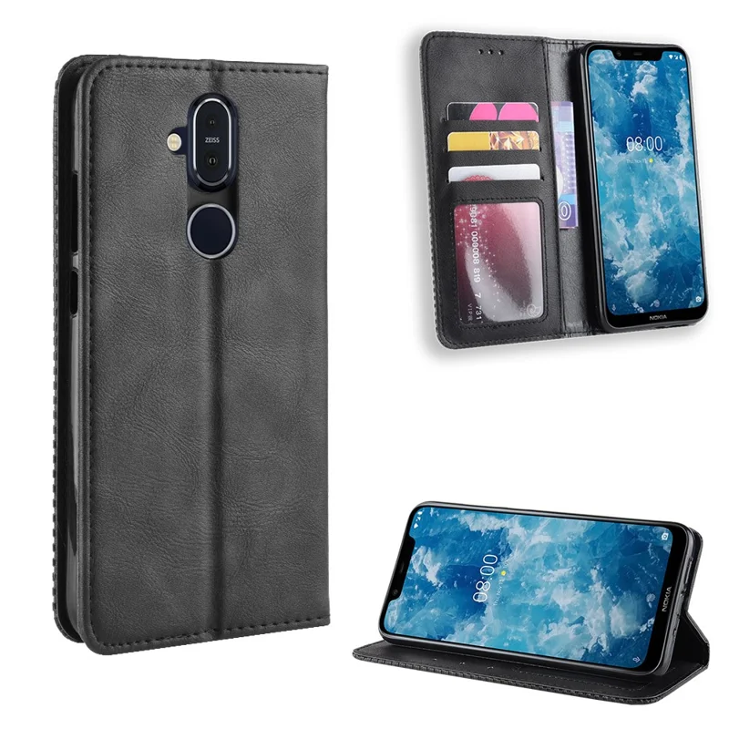 PU -lederabdeckung im Vintage -stil Mit Standbrieftasche Für Nokia 8.1 / X7 - Schwarz