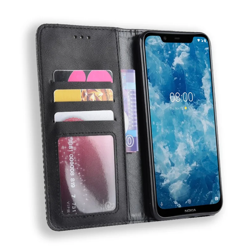 PU -lederabdeckung im Vintage -stil Mit Standbrieftasche Für Nokia 8.1 / X7 - Schwarz