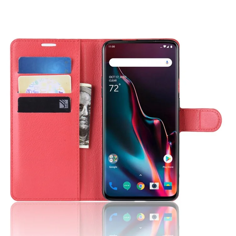 Litchi Texture Wallet Stand Leather Mobile Phone Case for OnePlus 7 Pro - Red