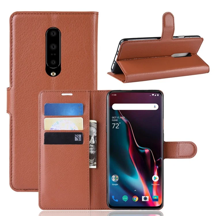 Litchi Texture Wallet Stand Кожаный Мобильный Телефон Для OnePlus 7 Pro - Коричневый