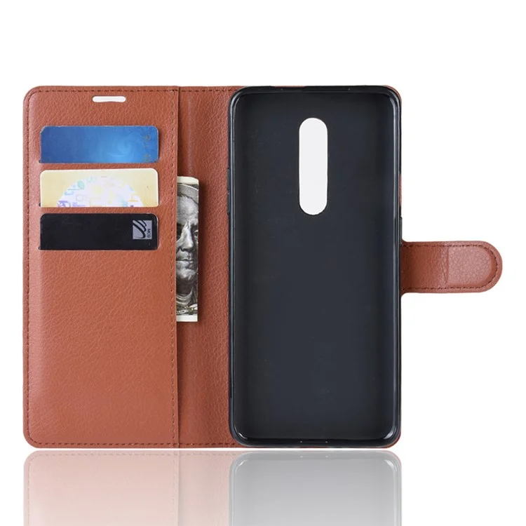 Litchi Texture Wallet Stand Cuir Mobile Telephone Pour OnePlus 7 Pro - Brun