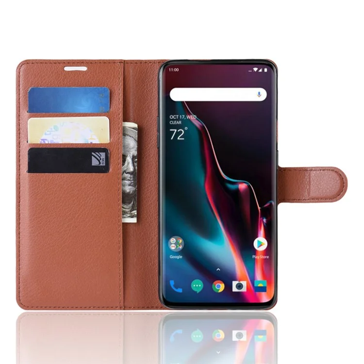 Litchi Texture Stand Stand Leather Celular Case Para OnePlus 7 Pro - Castanho