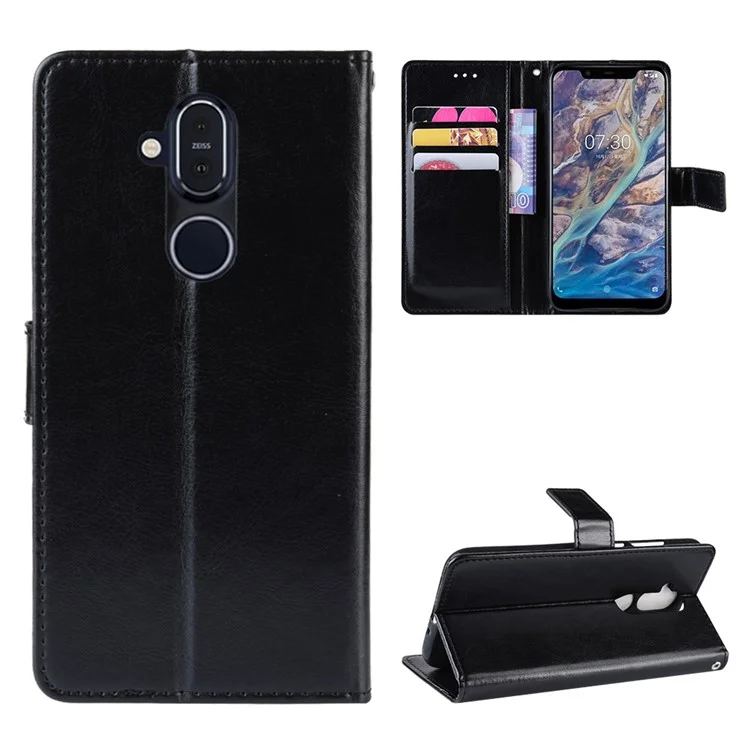 Crazy Horse PU Leather Wallet Stand Phone Cover for Nokia 8.1/X7 - Black