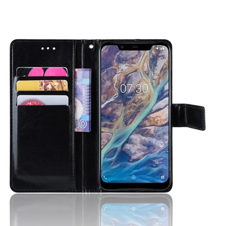 Crazy Horse PU Leather Wallet Stand Phone Cover for Nokia 8.1/X7 - Black