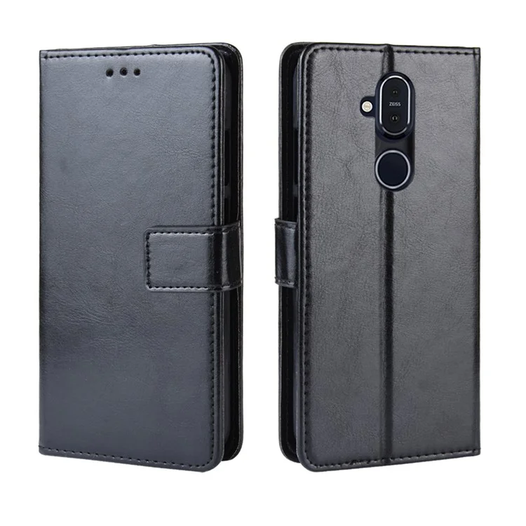 Crazy Horse PU Leather Wallet Stand Phone Cover for Nokia 8.1/X7 - Black