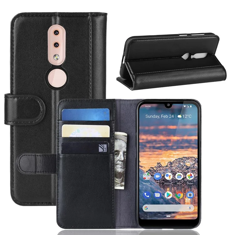 Split Leather Mobile Case with Wallet Stand for Nokia 4.2 - Black