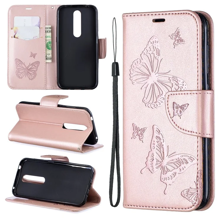 Imprint Butterfly Leather Wallet Case for Nokia 4.2 - Rose Gold