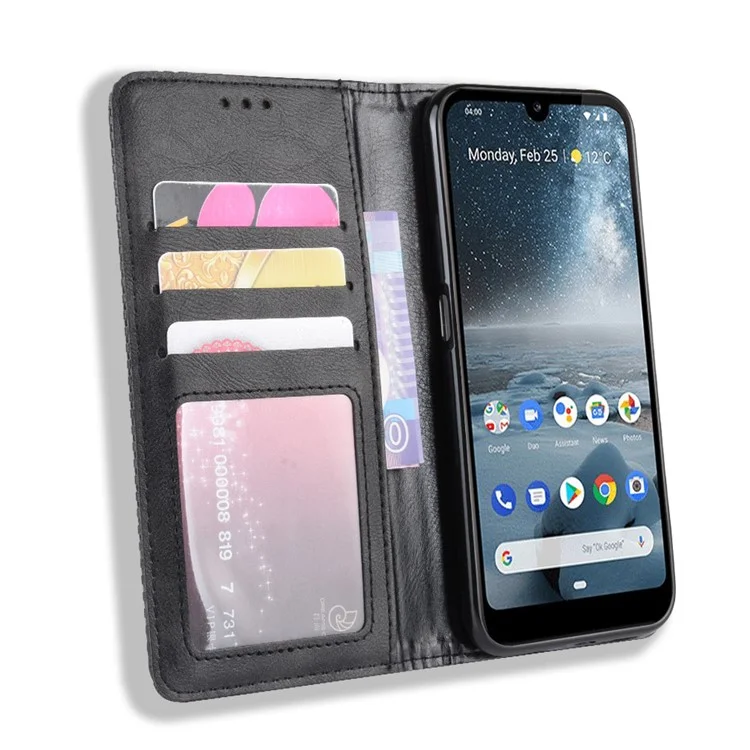 Capa de Carteira de Couro Vintage Auto-absorvida para Nokia 4.2 (2019) - Preta
