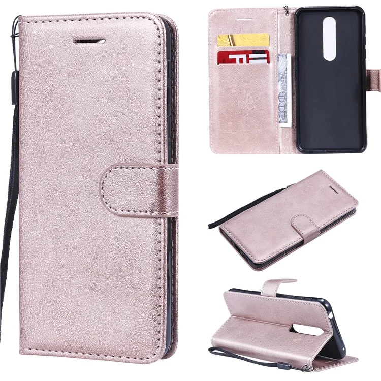For Nokia 7.1 Case Solid Color Leather Mobile Cover Wallet Stand with Strap - Rose Gold
