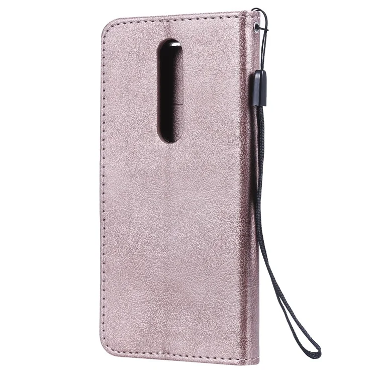 For Nokia 7.1 Case Solid Color Leather Mobile Cover Wallet Stand with Strap - Rose Gold