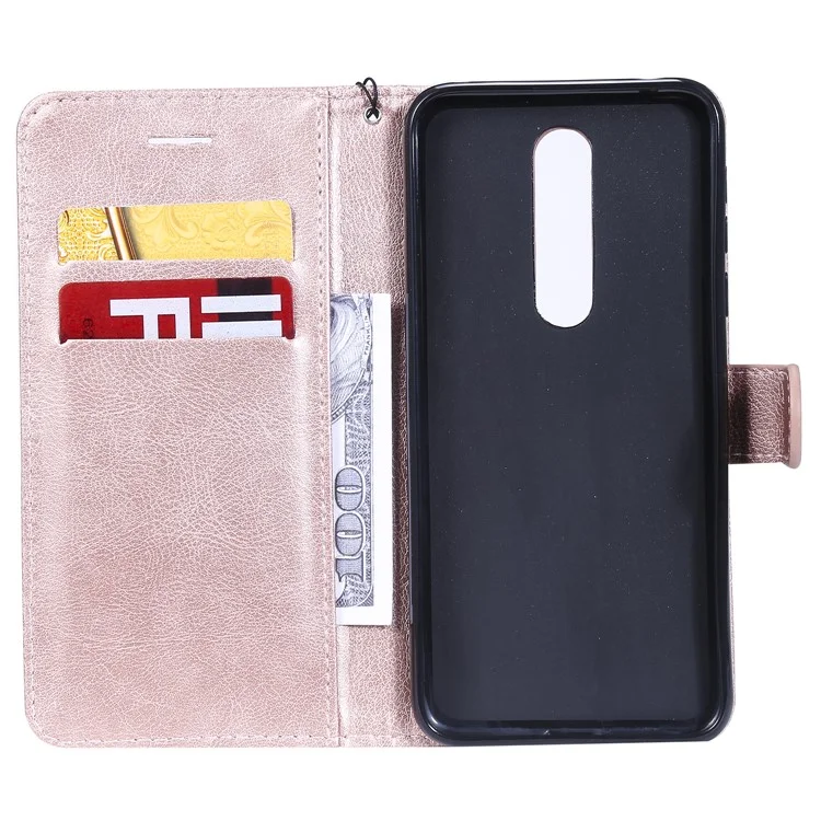 For Nokia 7.1 Case Solid Color Leather Mobile Cover Wallet Stand with Strap - Rose Gold