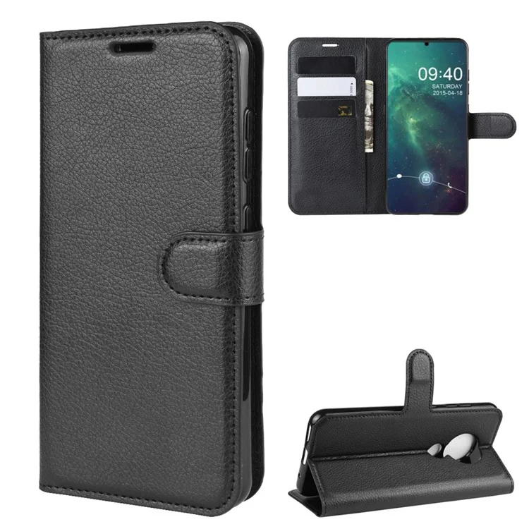 Carteira de Couro Litchi para Nokia 6.2 - Preta