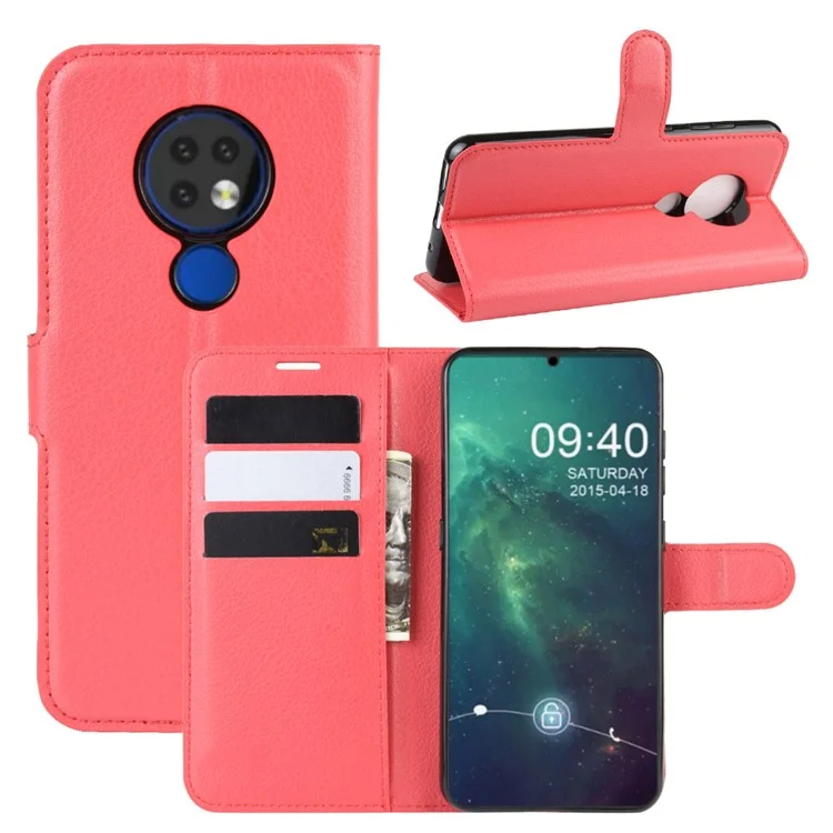 Кожаный бумажник Litchi Skin с подставкой для Nokia 6.2 - Красный